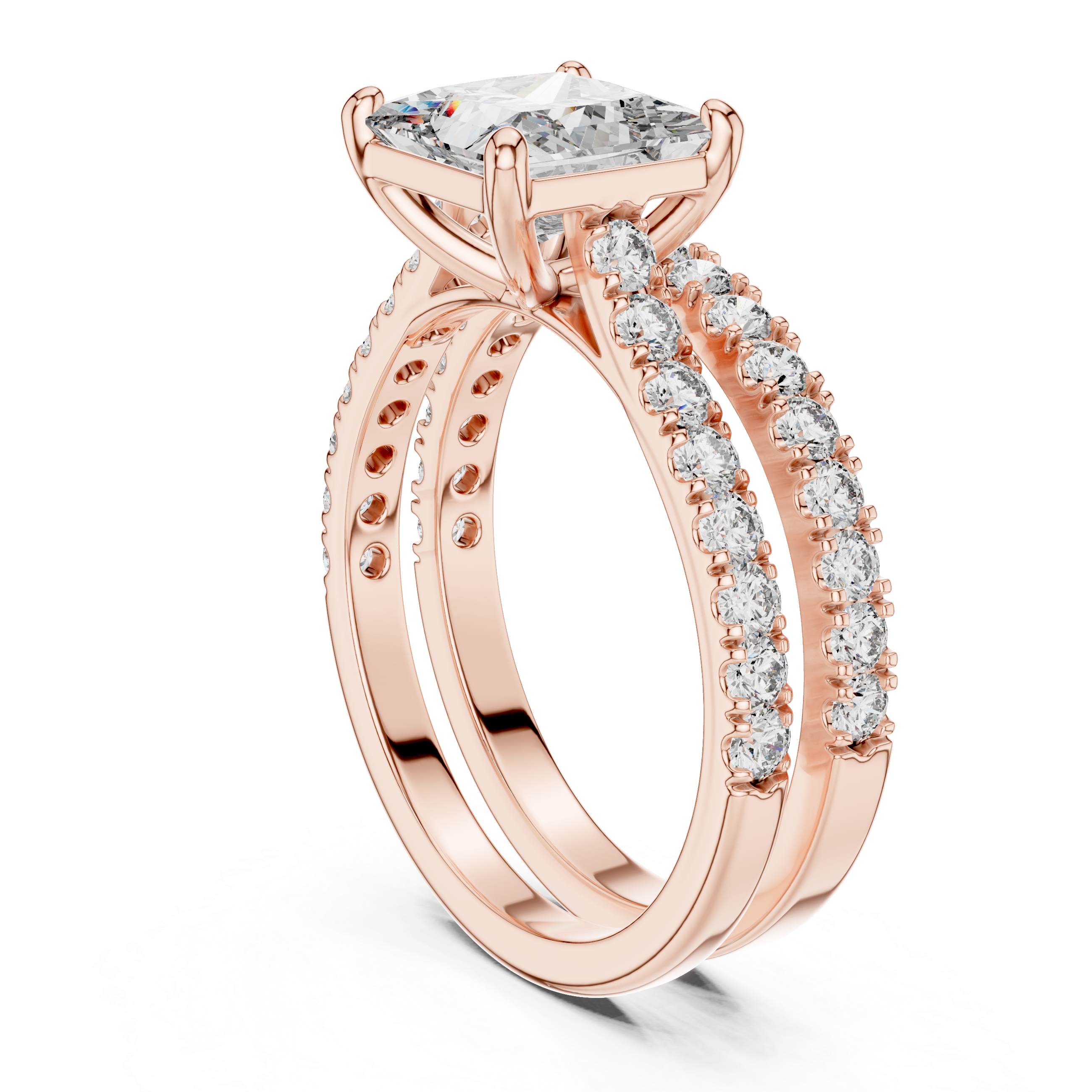 Rose gold ring with diamond accents on a white background